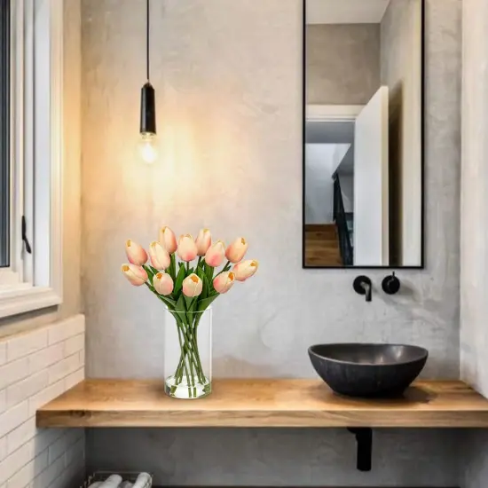 12 Pcs Artificial Real Touch Tulips Flowers in Glass Vase with Faux Water, Tulips Fake Arrangements Pink Tulips with Vase for Dining Table Home Decor Wedding Centerpieces {4}