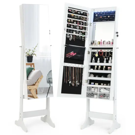 LED Lighted Jewelry Armoire with Full-Length Mirror White {7}