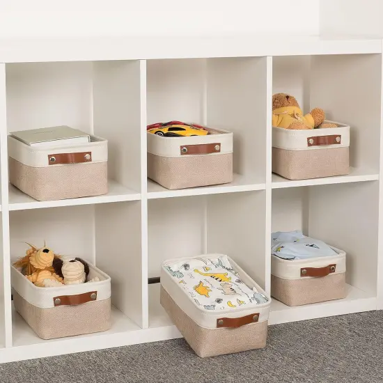 Summer Fabric Baskets for Organizing(6 pack) Collapsible Storage Baskets for Shelves, Closets, Laundry, Nursery, Decorative Baskets for Gifts Empty (White&Khaki, 11.8" x 7.8" x 5.1") {3}