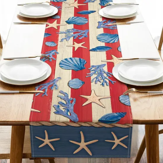 4th of July Beach Dining Table Runner, Patriotic America Coastal Starfish Conch Coral Stripes Burlap Kitchen Decoration, American USA Indoor Outdoor Home Decor {1}