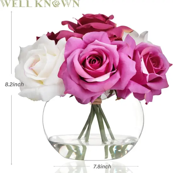 Silk Rose Artificial Flowers with Vase Artificial Rose Flower Arrangements in Round Glass Vase with Faux Water for Home Office Hotel Wedding Party Dinning Table Decor Gift (White & Pink) {3}