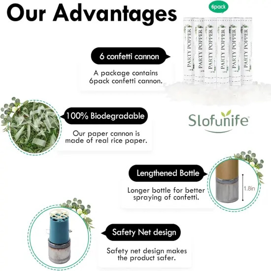 6 Pack White Confetti Poppers 12Inch,Rice Paper Water Soluble Confetti Cannon Air Powered,Launches 20-25ft,Biodegradable Party Poppers for Wedding,Engagement,Birthday,Celebrations(White,6Pack) {2}