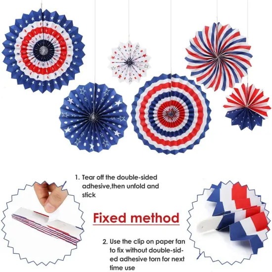 4th/Fourth of July Patriotic Party Decorations Set- Red White/Silver Blue Star Streamers and 6Pcs Red White Blue Hanging Paper Fans for American Independence Day Party Decor Supplies {3}