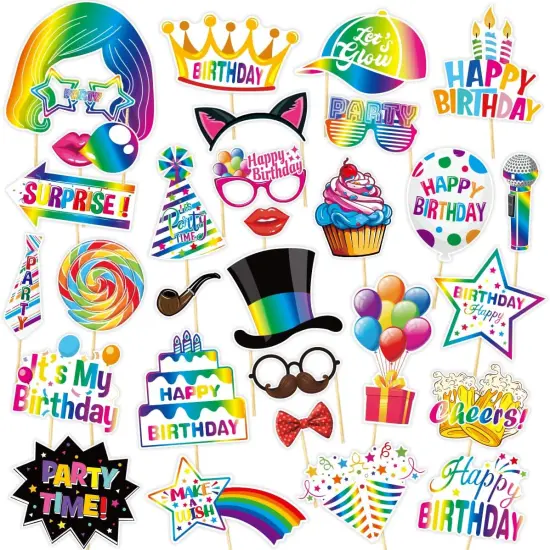 29 Pieces Birthday Photo Booth Props Kit Colorful Funny Kids Adult Birthday Theme Table Centerpiece Craft Cutouts with Bamboo Sticks& Stickers for Party Celebration Decorations {1}