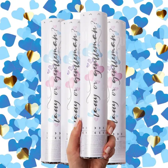 Gender Reveal Confetti Cannon - Heart Shaped Confetti Poppers - Blue 4 Pack - Baby Boy Gender Reveal Party Poppers Party Cannons Shooter Blaster {1}