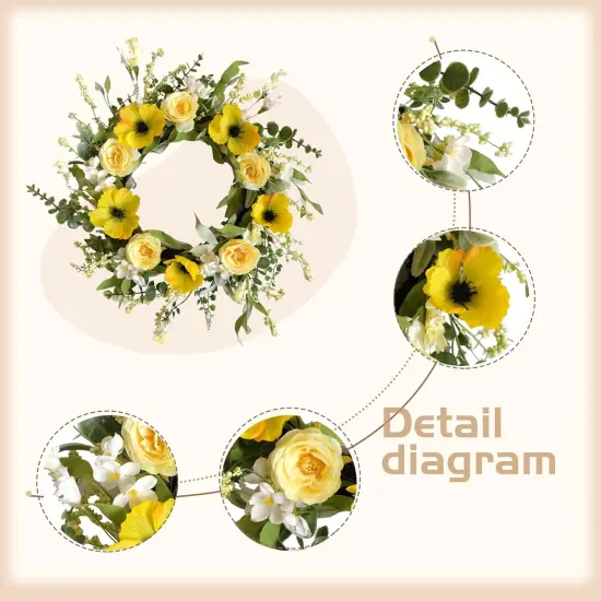 Summer Wreaths for Front Door 18 Inch Artificial Flower Decoration Wreath with Yellow Roses Poppies Wreaths for Farmhouse Outside All Season for Indoor Outdoor Home Wall Holiday Decor {2}