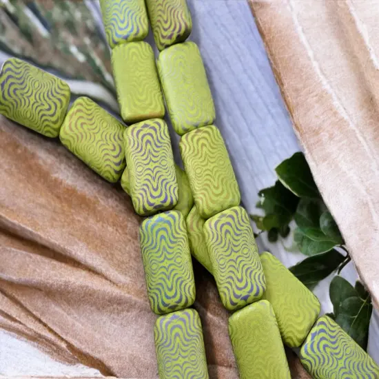 *6* 18x12mm Laser Etched Matte Chartreuse Rainbow Rectangle Beads {4}