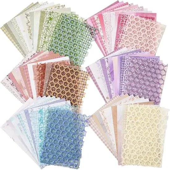 90 Sheets Scrapbook Paper and Decorative Mesh Fabric Assorted Set - 6 Pack Mixed Special Paper for Scrapbooking Planner Bullet Junk Journal Supplies Mixed Media Collage Card Embellishment 5.1x7 Inch {1}
