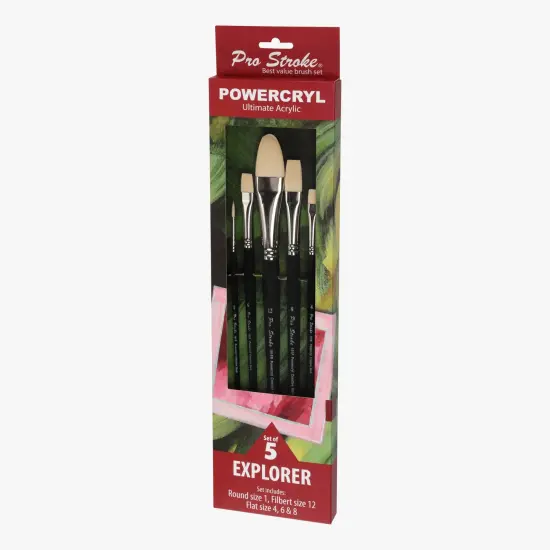 Creative Mark Pro-Stroke Powercryl Acrylic Paint Brushes - Explorer Value Set of 5 Assorted Shapes, Synthetic Brushes for Artists, Seamless Nickel-Plated Ferrules, Matte Black Handle, Soft-Touch Grip {6}