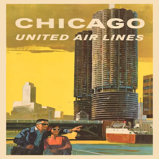Chicago Marina Towers - United Airlines Vintage Travel Poster Prints {1}