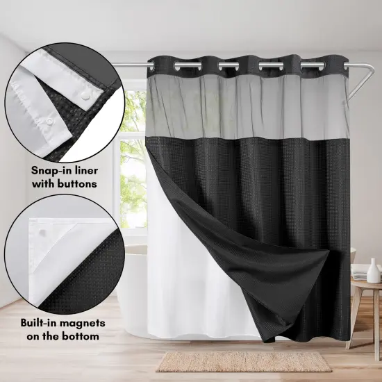 Americanflat 72x75 Hookless Waffle Pattern Shower Curtain - Water-Resistant Long Shower Curtain with Sheer Panel, Snap-In Liner, and Grommets {10}