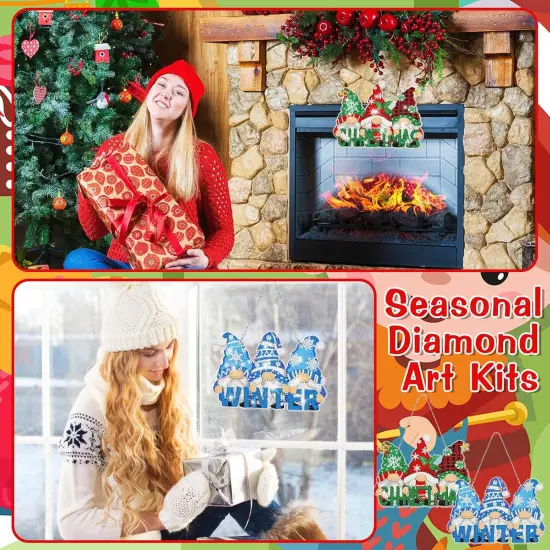 12 Pcs Seasonal Gnome Diamond Art Wreath Kits Diamond Art Gnomes Hanging Signs 5d DIY Gnome Ornaments {2}