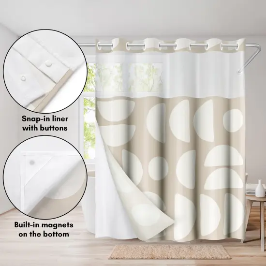 Americanflat 72x75 Hookless Shower Curtain - Abstract Khaki Cream Shower Curtain with Sheer Panel, Snap-In Liner, and Grommets - 100% Polyester {4}