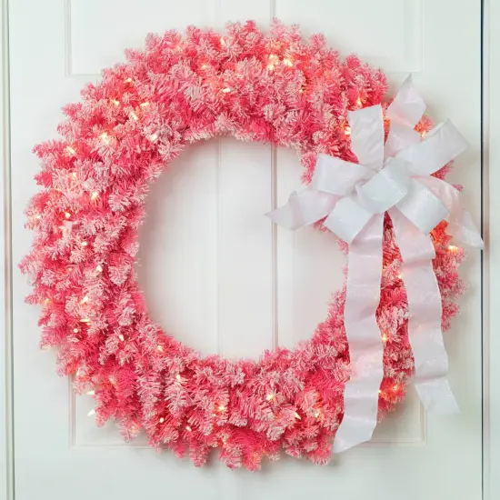 Northlight Pre-Lit Flocked Pink Artificial Christmas Wreath - 36 Inch, Clear Lights {1}