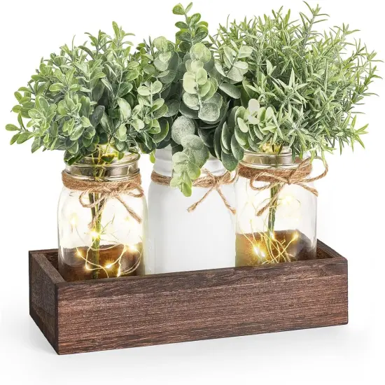 Mason Jar Table Centerpiece for Dining Room Farmhouse Decor with Wood Tray Winter Table Decor Spring Decoration for Living Room Bathroom {1}