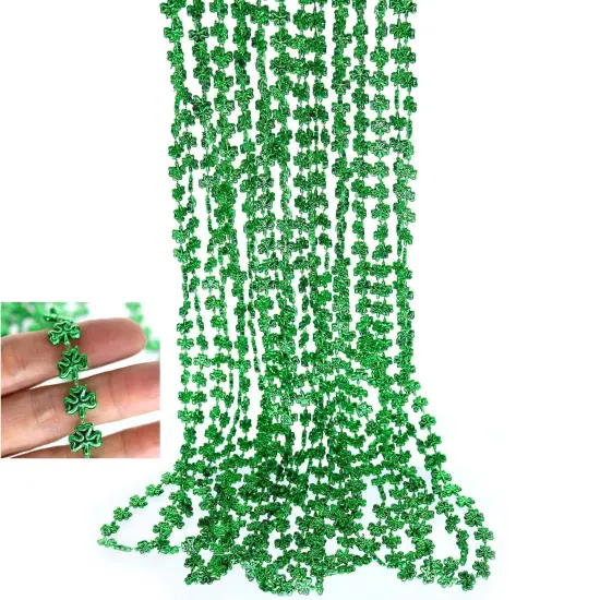 GiftExpress 12 pack of 33 St. Patricks Day Shamrock bead Necklaces, Mardi Gras Bead Necklaces, Matellic Green Shamrock Clover Bead Necklaces, Party Beads, Costume Jewelry {1}