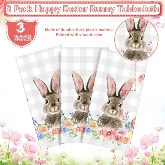 3Pcs Spring Easter Bunny Buffalo Plaid Checkered Tablecloth Decorations,Plastic Rabbit Egg Floral Pastel Dinner Table cover for Indoor Outdoor Birthday Easter Baby Shower Party Supplies,54x108 Inch {6}