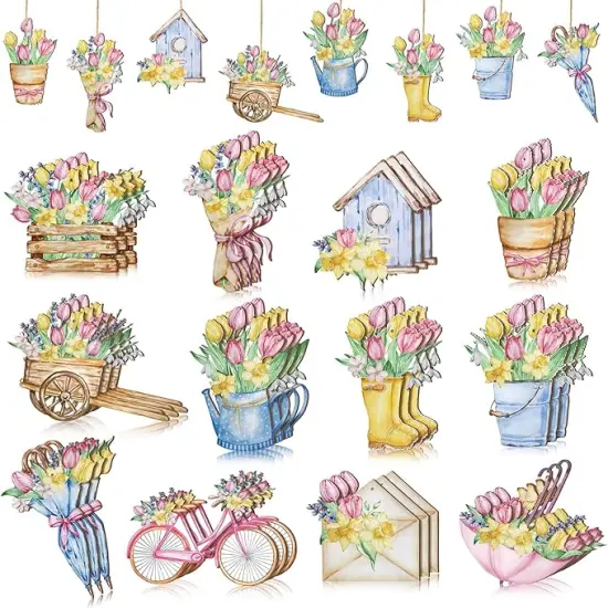 36 Pcs Spring Flower Wooden Ornaments Sunflower Tulip Lavender Tree Decoration Floral Gnome Hanging Wood Cutout Pastel Spring Decor for Home Small Tree Party(Tulip) {1}