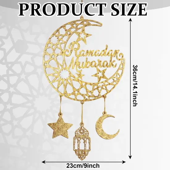 2 Pieces Eid Mubarak Door Sign Wooden Hanging Signs, Ramadan Kareem Hollow Ornament Decorations Moon and Stars, Moon Shape Ramadan Mubarak Party Wood Wall Hanger for Islamic Muslim Home Decor {2}