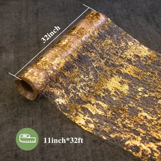 Ohanniewa Gold Table Runner 11 inch x 32 Feet Glitter Metallic Gold Foil Mesh Table Runner Roll Table Decorations for Wedding, Birthday, Banquet, Christmas {4}