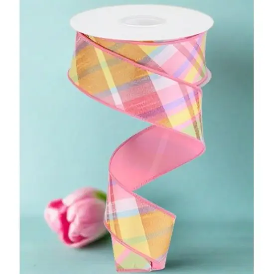 1.5" Diagonal Plaid Fused Ribbon: Light Pink/Yellow (10 Yards) {4}