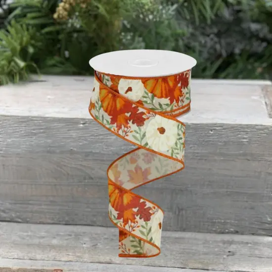1.5" Pumpkin Foliage Ribbon: Cream (10 Yards) {3}