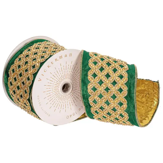 4 inch Jeweled Ribbon: Green/Gold (5 Yards) {1}