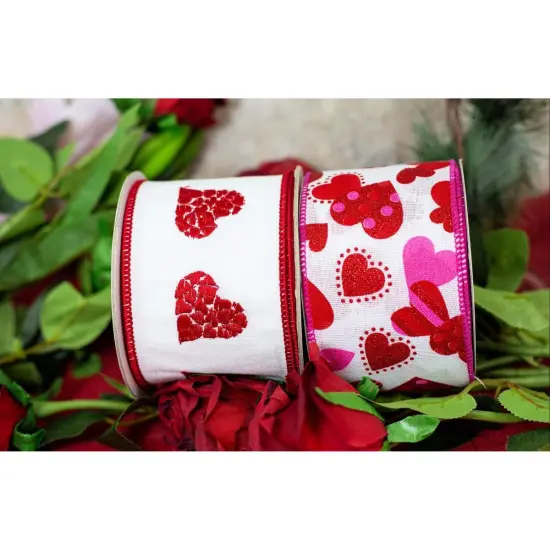 4" Embroidered Hearts Ribbon: White/Red (10 Yards) {5}