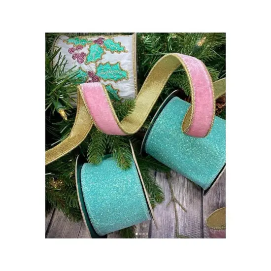 4" Dupion Pastel Holly Embroider Ribbon: White (5 Yards) {3}