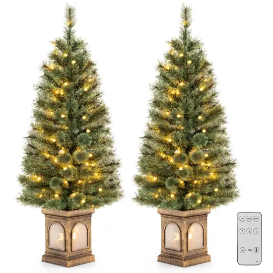 Costway 4 FT Pre-Lit Potted Christmas Tree Pine Needles 3 Dynamic Modes Remote Control {8}
