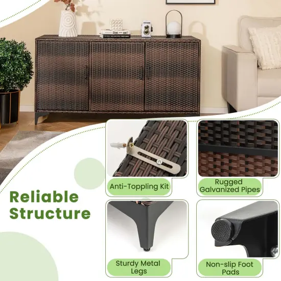 Costway 84 Gallon 3-Door Patio Wicker Storage Cabinet Deck Box with Removable Shelves Black/Mix Brown {6}