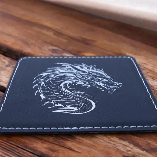 Coaster - Dragon - SET OF 2 - Leather or Stitched Cork Black/Silver {7}