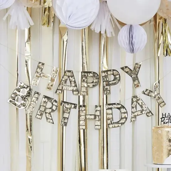 Gold Happy Birthday Fringe Banner &ndash; 8 Ft | Metallic Gold Party Decoration for Milestone Birthdays & Celebrations {5}