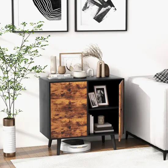 Costway Mid-Century Rustic Storage Cabinet Multipurpose Wood Shelf Organizer with 3 Drawers {4}