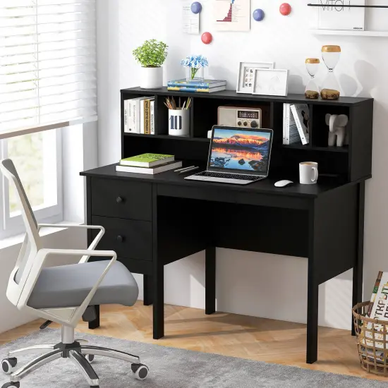 Costway 48" Computer Desk with Power Outlets Type-C 5-Cubby Hutch & 2 Storage Drawers Black/White {5}