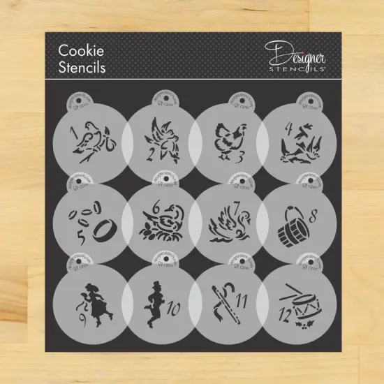 Small Twelve Days of Christmas Cookie & Cupcake Stencils | C200 by Designer Stencils | Cookie Decorating Tools | Baking Stencils for Royal Icing, Airbrush | Reusable Plastic Food Grade Stencil for Cookies | Easy to Use & Clean Cookie Stencil {1}
