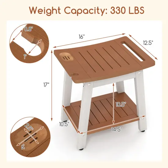 Waterproof Shower Bench Seat with Handle and Storage for Bathroom or Outdoors Brown & White {4}