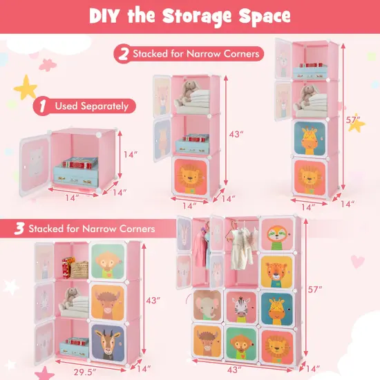 12 Cube Kids Closet with Hanging Rod and Storage Doors for Easy Organization Pink {9}