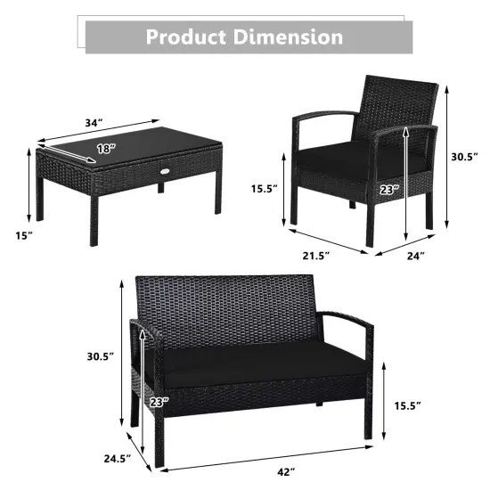 4 Pieces Patio Rattan Cushioned Furniture Set-Black {5}