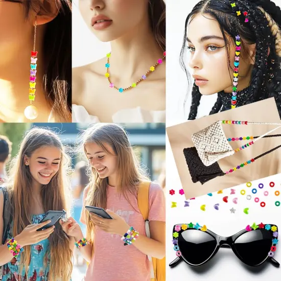 MIIIM 1000Pcs 6x9mm Pony Beads Shapes in 5 Styles 21 Colors, Heart, Star, Butterfly, Flower, Assorted Kandi Beads for Friendship Bracelet, Big Hole Hair Braids Crafts, Jewelry Making (Multi-Glitter) {4}