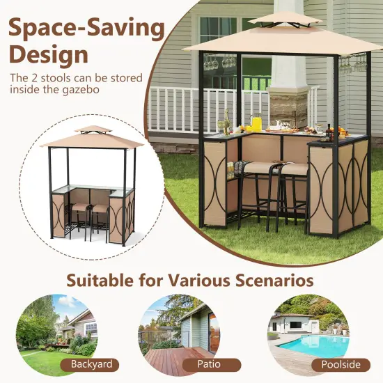 6.5 x 4 x 8 FT Grill Gazebo Set with 2 Bar Stools and Bar Table Brown {4}