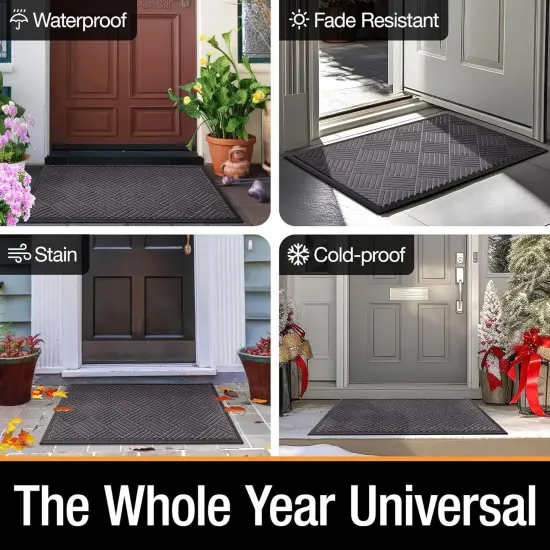 Front Door Mat Outside Entrance, Indoor Outdoor Low Profile Rubber Doormat, Waterproof Heavy Duty Patio Mat, Fade Resistant, Easy Clean All-Weather Durable, Small 17x29.5 inch Grey Striped {4}