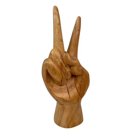 Carved Wooden Peace Sign Hand Gesture Statue Natural Finish 7.75 Inches High {3}