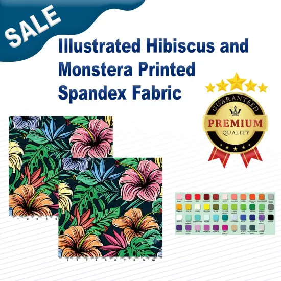 Illustrated Hibiscus & Monstera Nylon Spandex 4-Way Stretch {1}