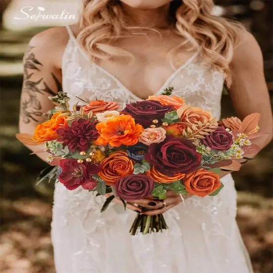 Artificial Fall Flowers Orange Burgundy Silk Flowers {3}
