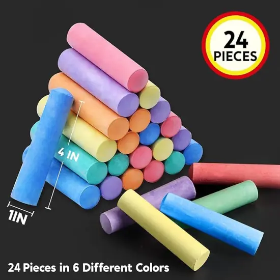 24 PCS Washable Sidewalk Chalks Set Non-Toxic Jumbo Chalk for Schools, Outdoor Art Play, Paint on Chalkboard, Blackboard and Playground (6 Colors)) {3}