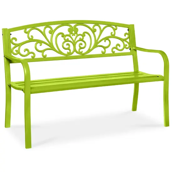 Best Choice Products Outdoor Steel Bench Garden Patio Porch Furniture w/ Floral Design Backrest Lime Green {1}