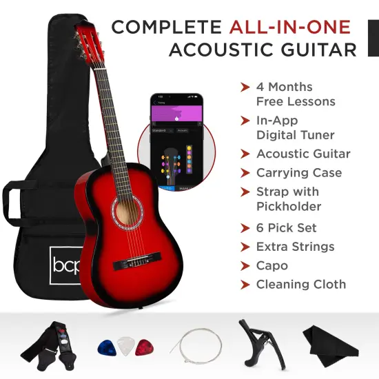 Best Choice Products 38in Beginner Acoustic Guitar Starter Kit w/ Gig Bag, Strap, Strings Redburst {3}