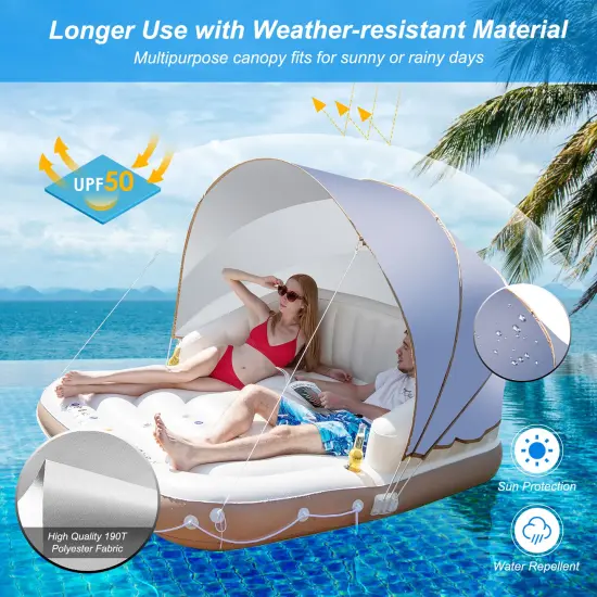 Costway Floating Island Inflatable Swimming Pool Float Lounge Raft with Canopy SPF50+ Retractable Detachable Sunshade with Two Cup Holders White {2}