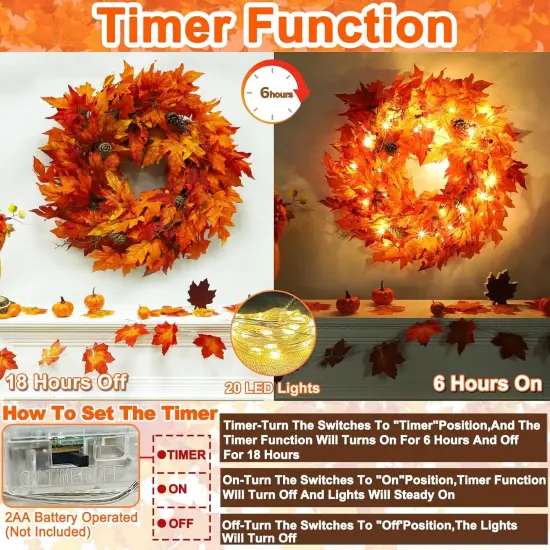 24" Fall Wreaths for Front Door with Lights Timer {2}